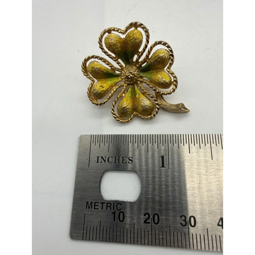 Vintage Gold Tone Four Leaf Clover Brooch Yellow Green Enamel Lucky Shamrock Pin